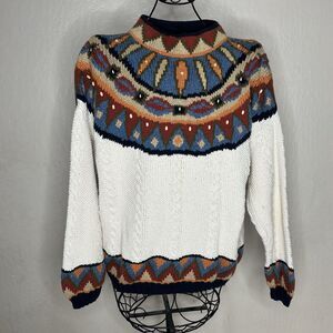 Vintage Marsh Landing Beaded Hand Knit Fair Isle Sweater Womens Size L